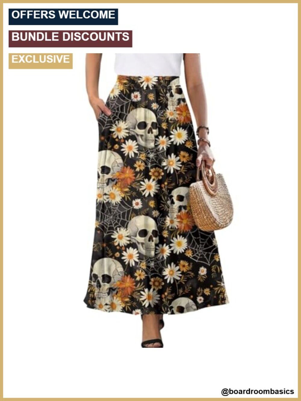 Womens Polyester High Waist Pleated Maxi Skirt Double Pockets A-Line